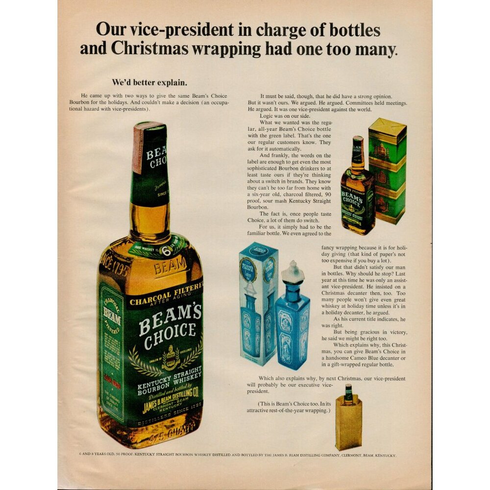 1965 Beam's Choice Kentucky Straight Bourbon Whiskey Vintage Print Ad (L17)